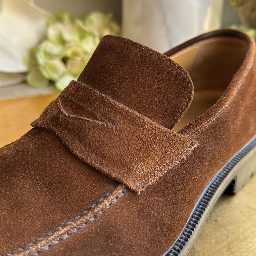 Bruno Magli Ken Lug Sole Penny Loafer in Chestnut Suede | Bologna Construction - Picture 8 of 16